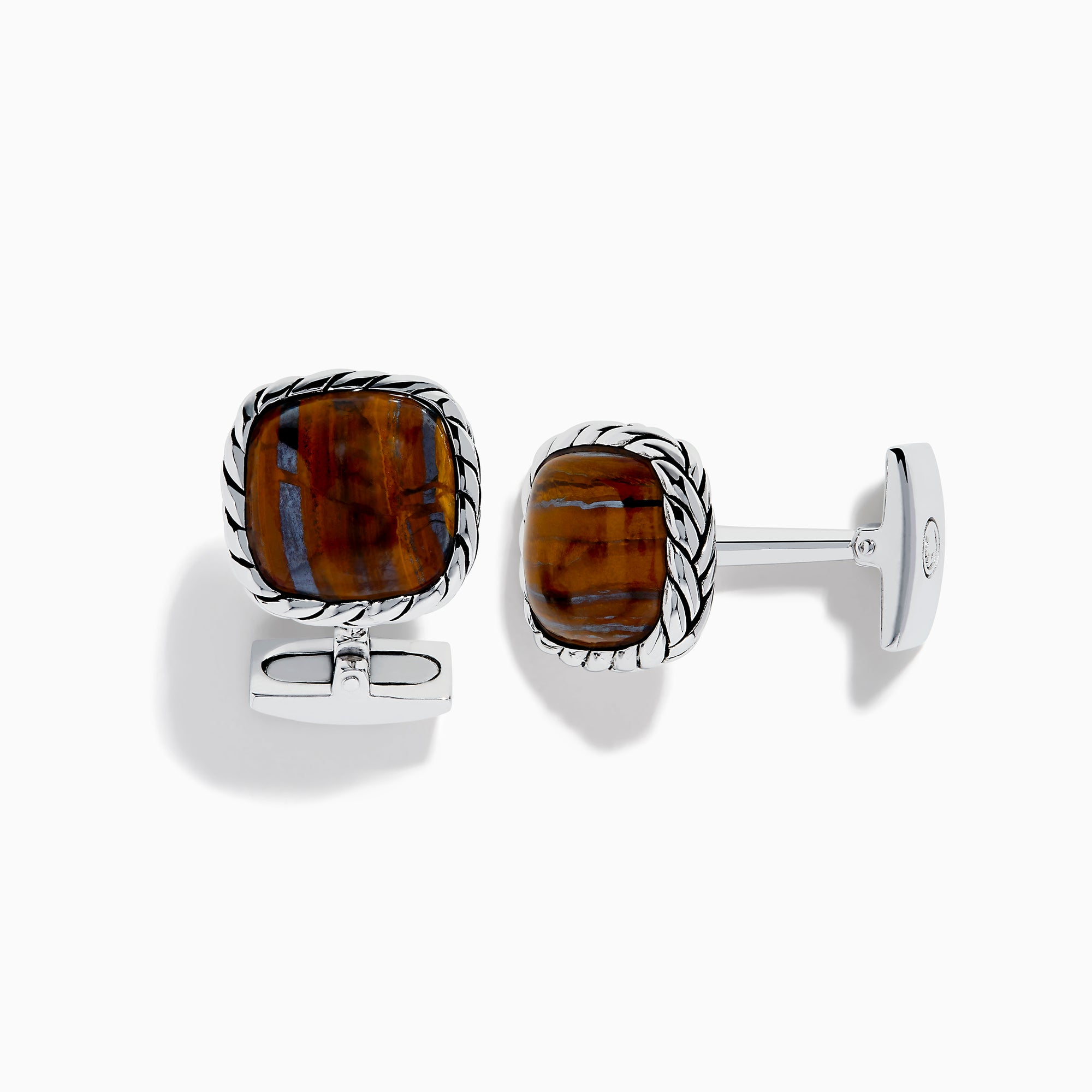 Men's 925 Sterling Silver Tiger Eye Cuff Links feature square, striped tiger eye centers set in textured silver frames, shown on a white background.