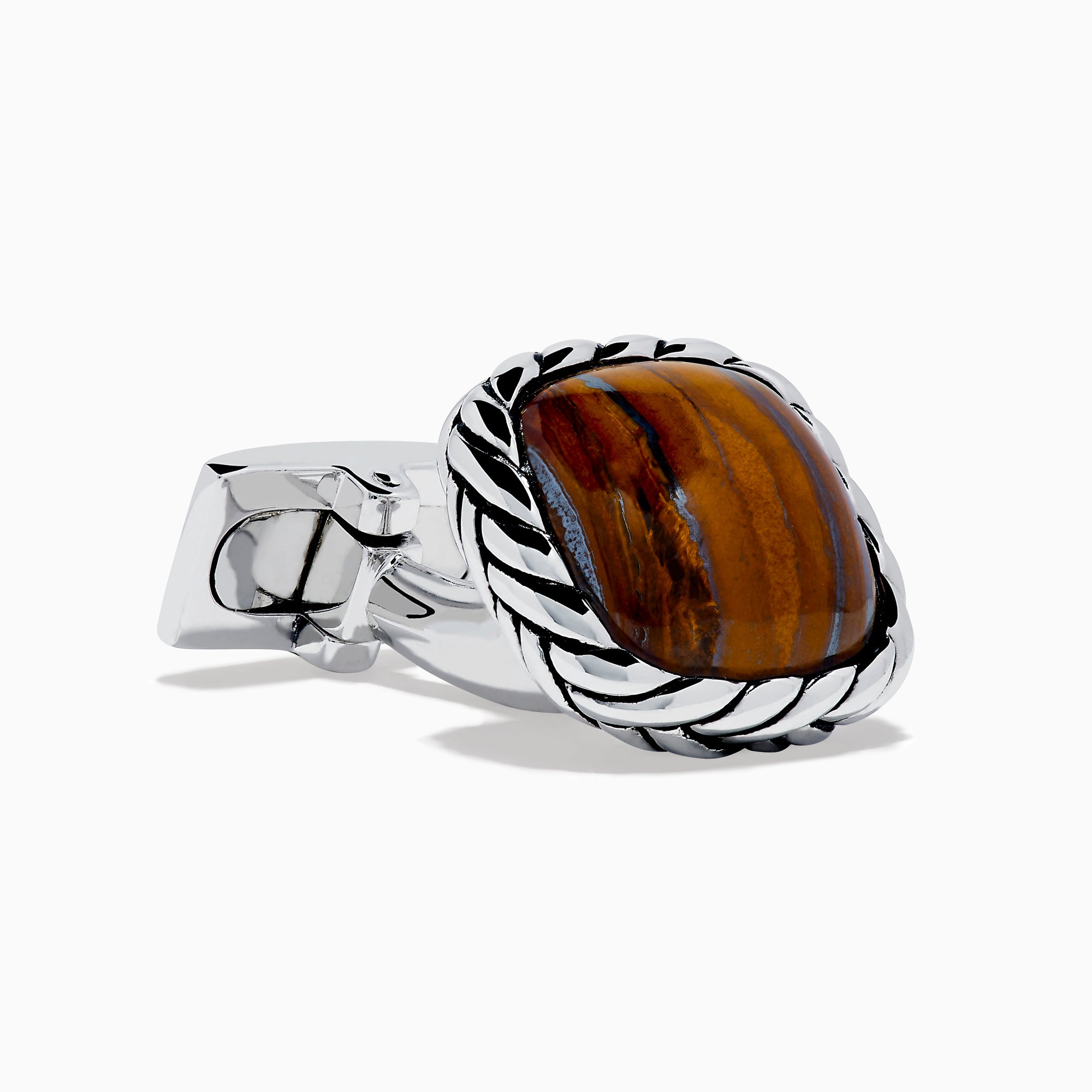 Men's 925 Sterling Silver Tiger Eye Cuff Links feature square, striped tiger eye centers set in textured silver frames, shown on a white background.