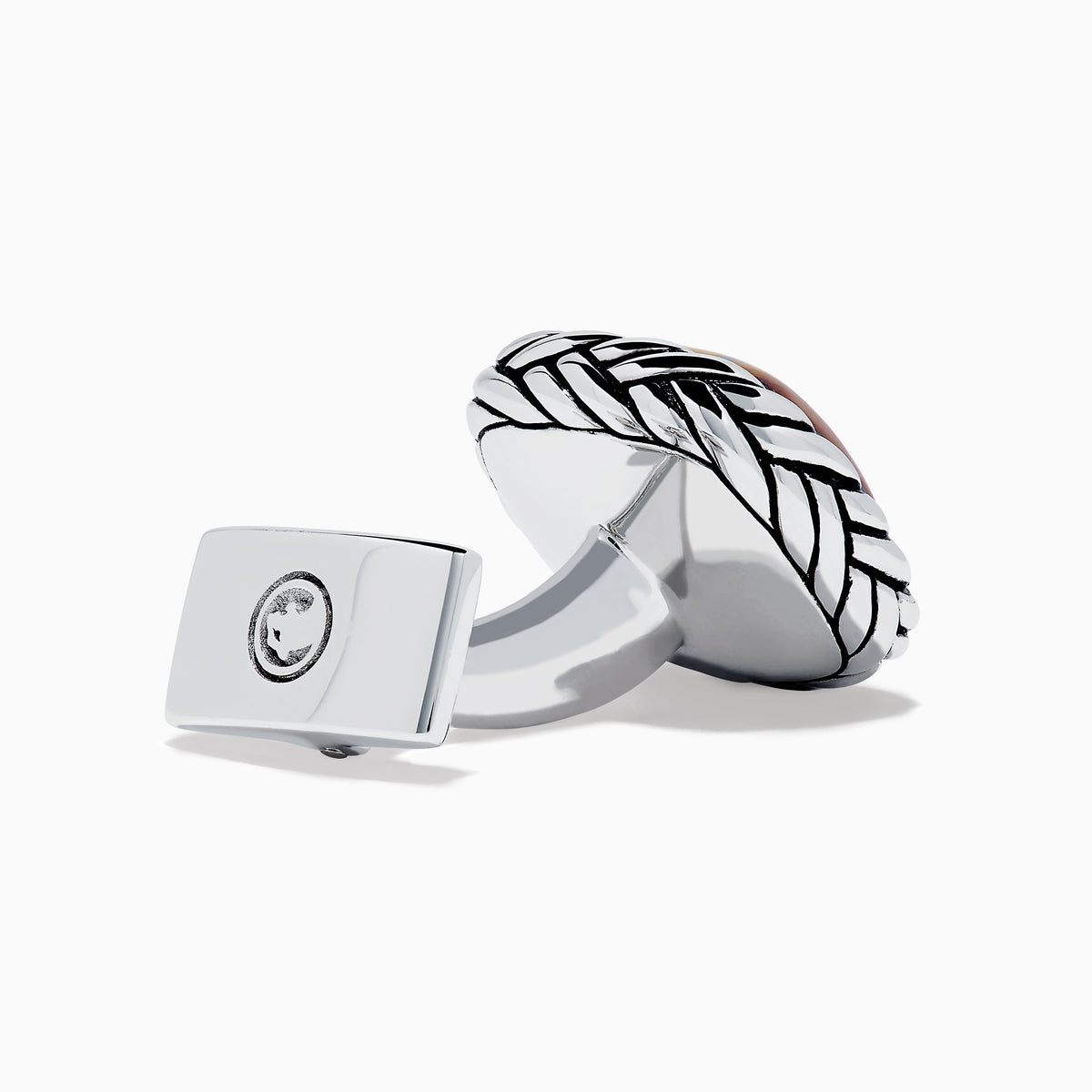 Men's 925 Sterling Silver Tiger Eye Cuff Links feature square, striped tiger eye centers set in textured silver frames, shown on a white background.