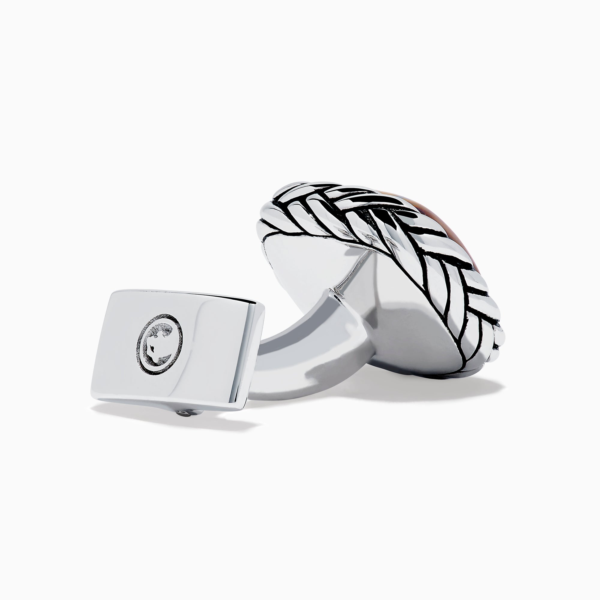 Men's 925 Sterling Silver Tiger Eye Cuff Links feature square, striped tiger eye centers set in textured silver frames, shown on a white background.