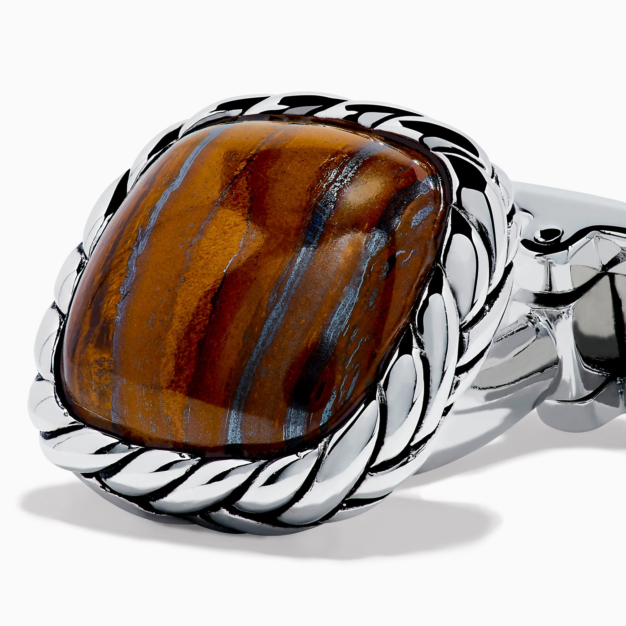 Men's 925 Sterling Silver Tiger Eye Cuff Links feature square, striped tiger eye centers set in textured silver frames, shown on a white background.