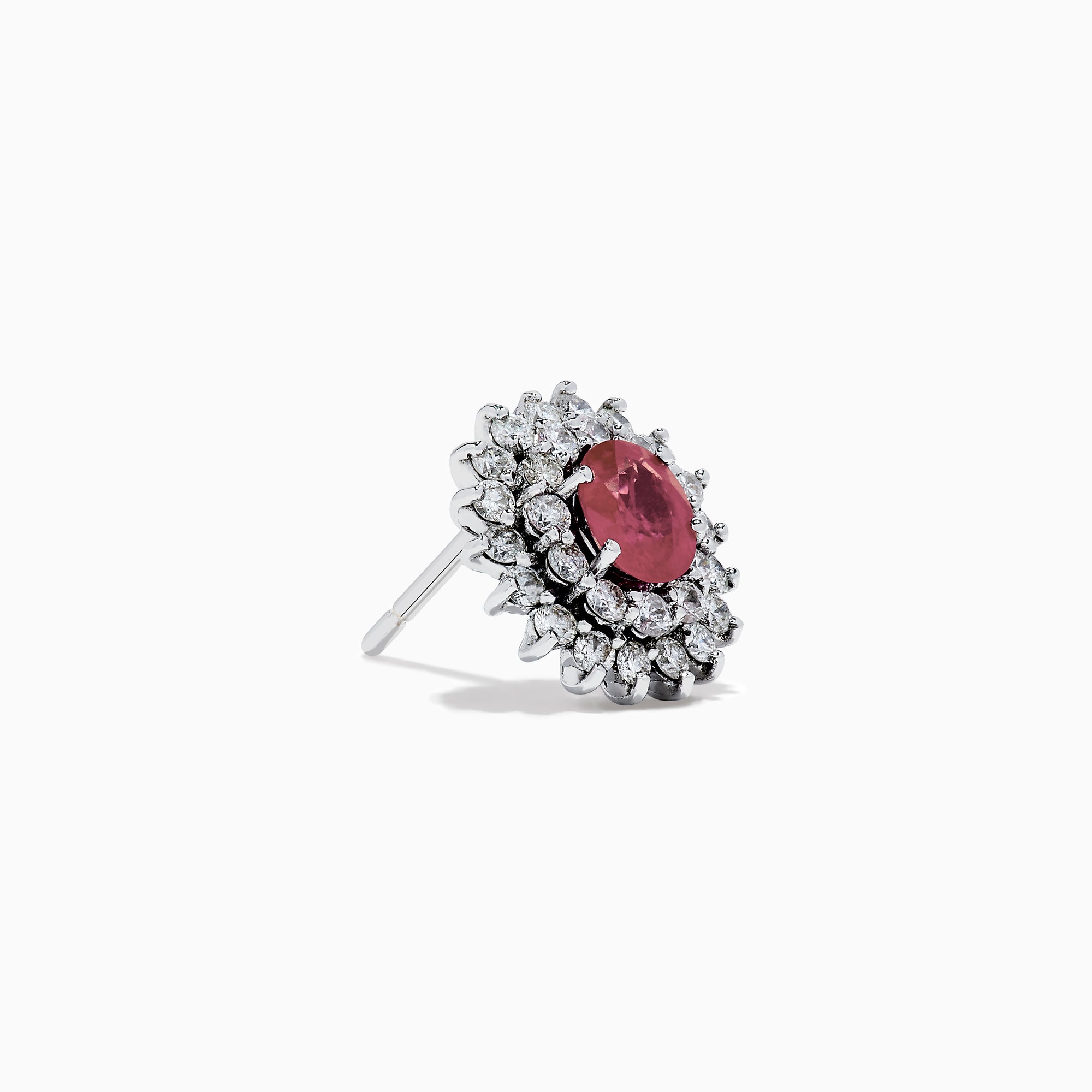The Ruby Royale 18K White Gold Ruby and Diamond Earrings feature oval red rubies encircled by two halos of sparkling white diamonds, all set in elegant 18K white gold.