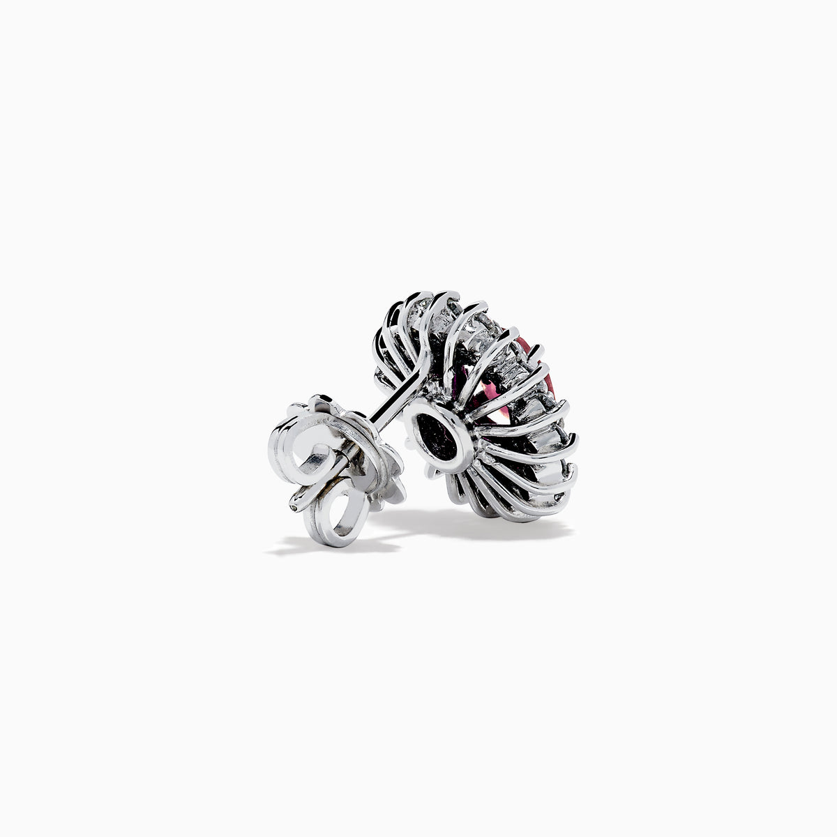 The Ruby Royale 18K White Gold Ruby and Diamond Earrings feature oval red rubies encircled by two halos of sparkling white diamonds, all set in elegant 18K white gold.