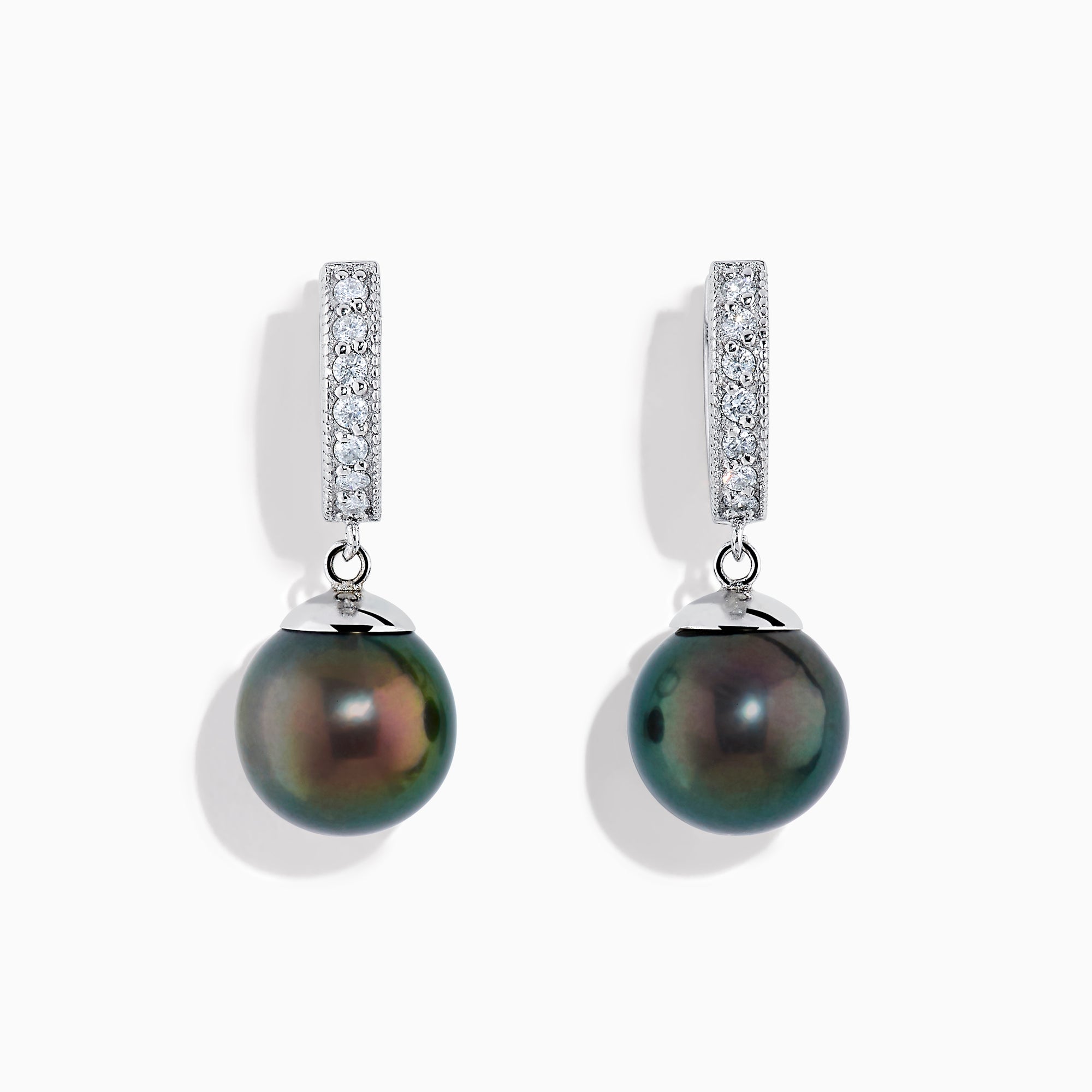 A pair of 14K White Gold Tahitian Pearl and Diamond Dangle Earrings, each featuring a sparkling diamond on the hook above a single dark iridescent Tahitian pearl, displayed against a plain white background.
