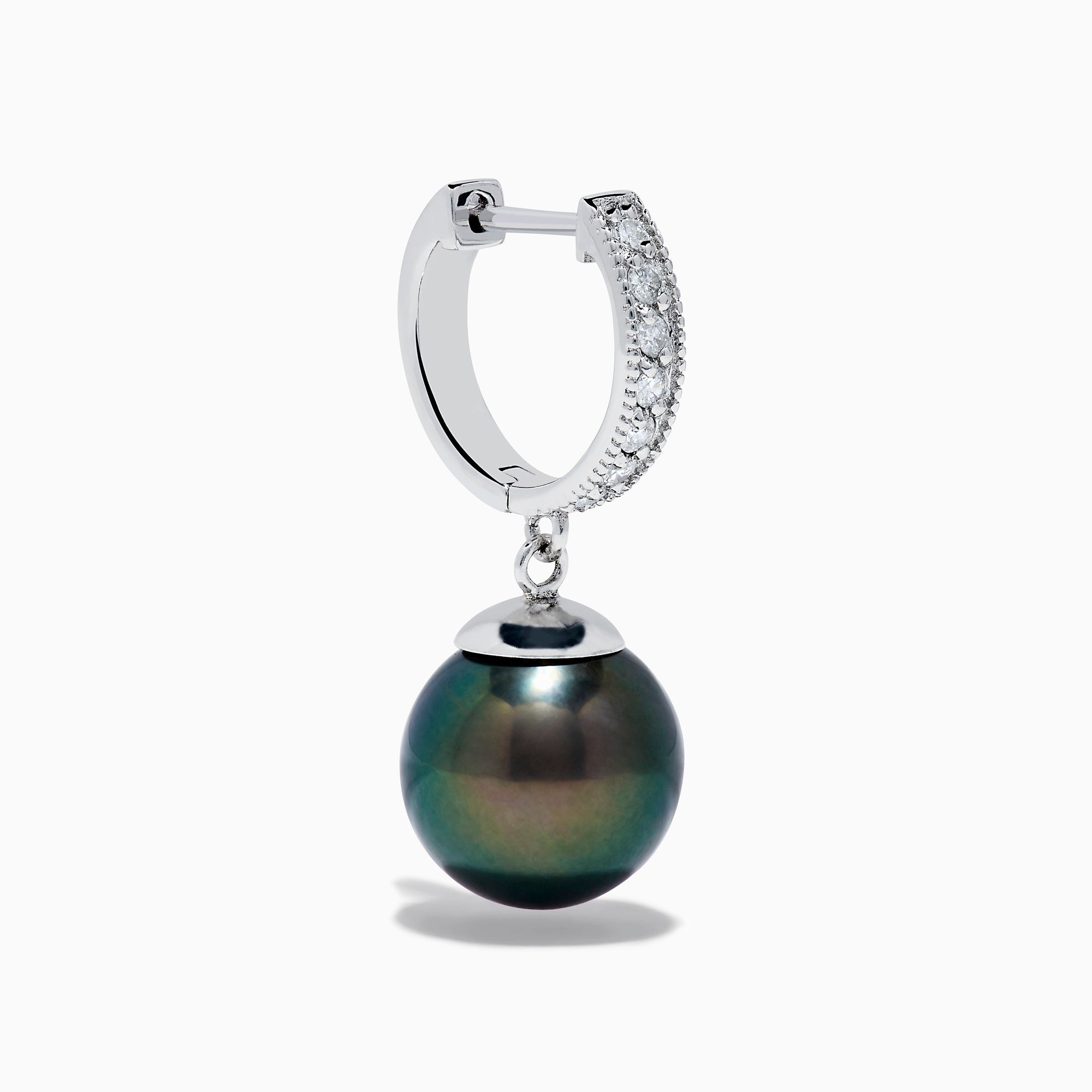 A pair of 14K White Gold Tahitian Pearl and Diamond Dangle Earrings, each featuring a sparkling diamond on the hook above a single dark iridescent Tahitian pearl, displayed against a plain white background.