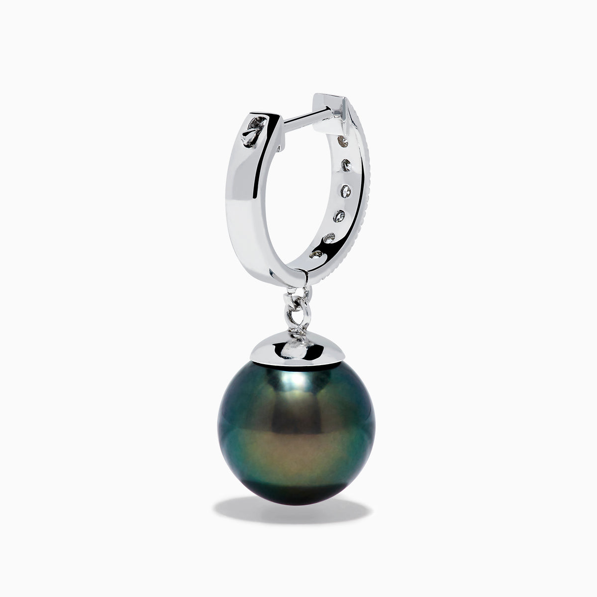 A pair of 14K White Gold Tahitian Pearl and Diamond Dangle Earrings, each featuring a sparkling diamond on the hook above a single dark iridescent Tahitian pearl, displayed against a plain white background.
