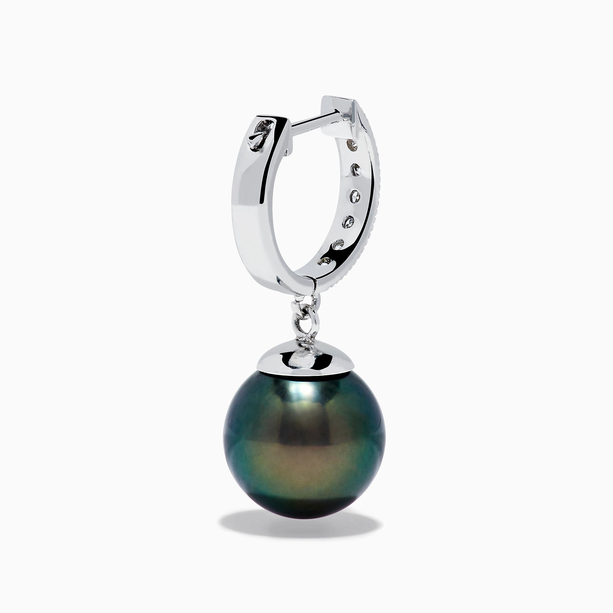 A pair of 14K White Gold Tahitian Pearl and Diamond Dangle Earrings, each featuring a sparkling diamond on the hook above a single dark iridescent Tahitian pearl, displayed against a plain white background.