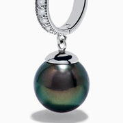 A pair of 14K White Gold Tahitian Pearl and Diamond Dangle Earrings, each featuring a sparkling diamond on the hook above a single dark iridescent Tahitian pearl, displayed against a plain white background.