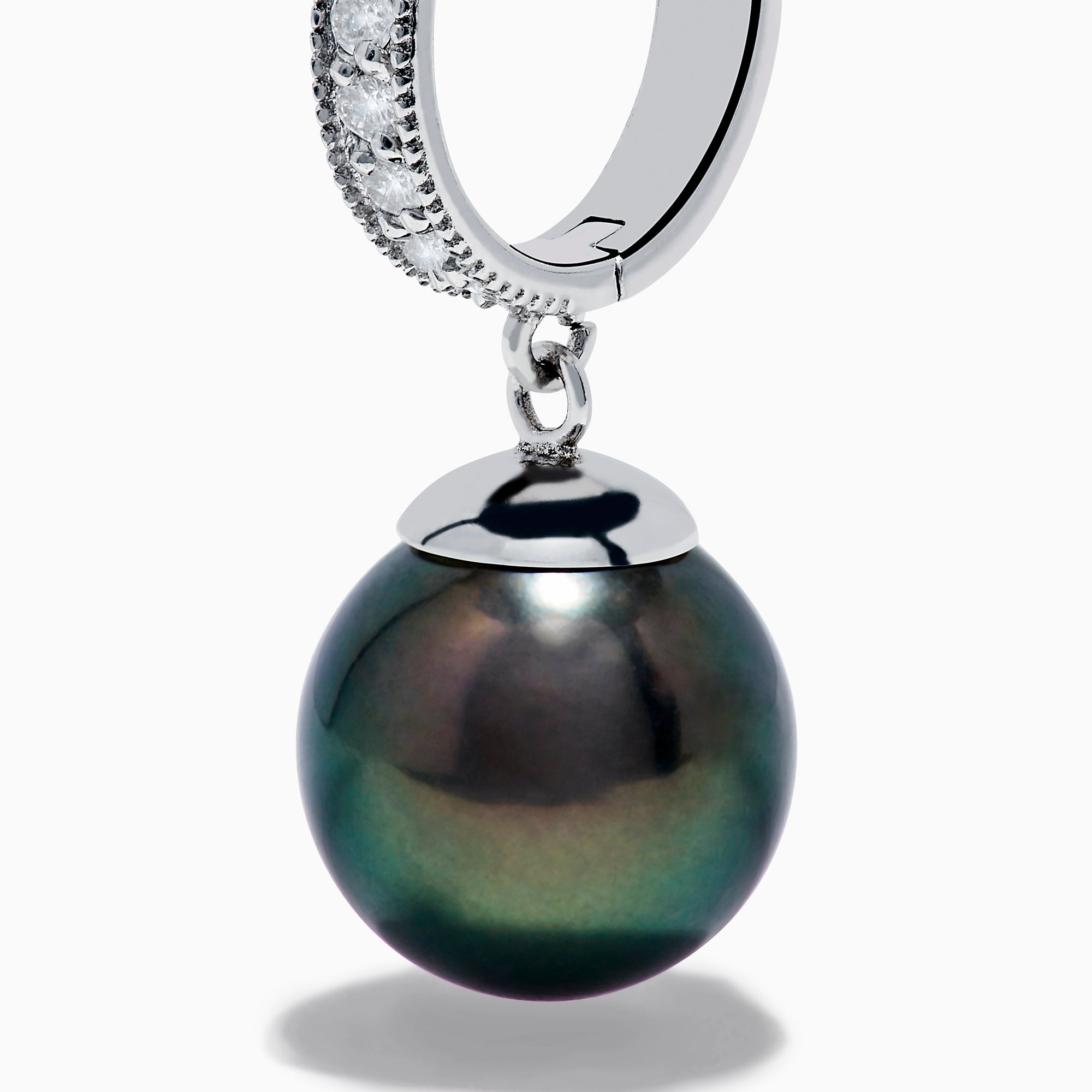 A pair of 14K White Gold Tahitian Pearl and Diamond Dangle Earrings, each featuring a sparkling diamond on the hook above a single dark iridescent Tahitian pearl, displayed against a plain white background.