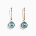14K Yellow Gold Tahitian Pearls Dangle Earrings with round, iridescent pearls, shown on a white background.
