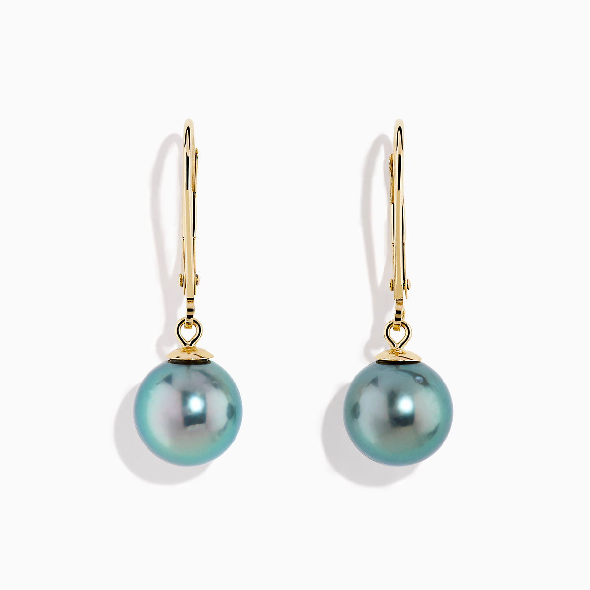 14K Yellow Gold Tahitian Pearls Dangle Earrings with round, iridescent pearls, shown on a white background.