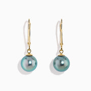 14K Yellow Gold Tahitian Pearls Dangle Earrings with round, iridescent pearls, shown on a white background.