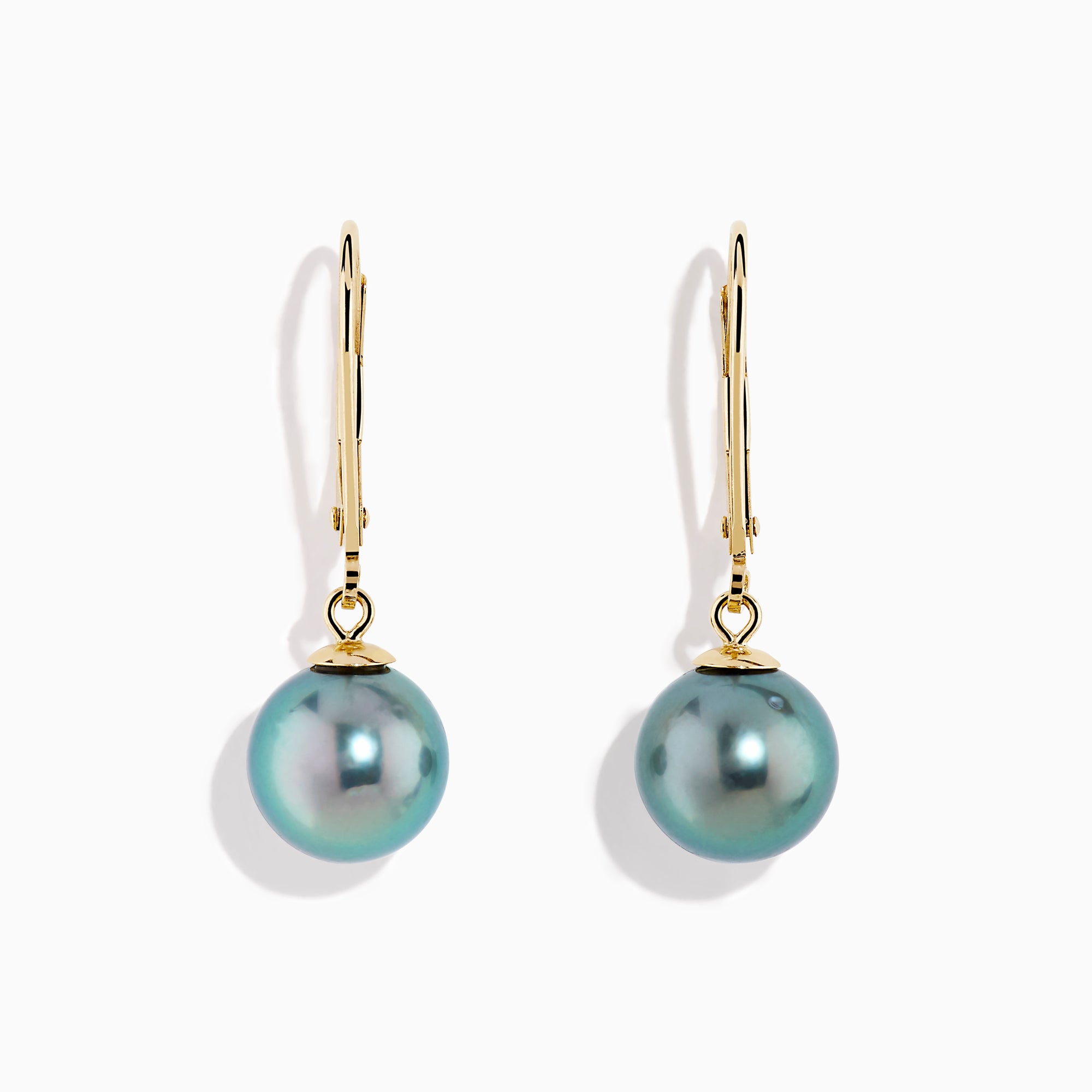14K Yellow Gold Tahitian Pearls Dangle Earrings with round, iridescent pearls, shown on a white background.