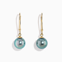 14K Yellow Gold Tahitian Pearls Dangle Earrings with round, iridescent pearls, shown on a white background.