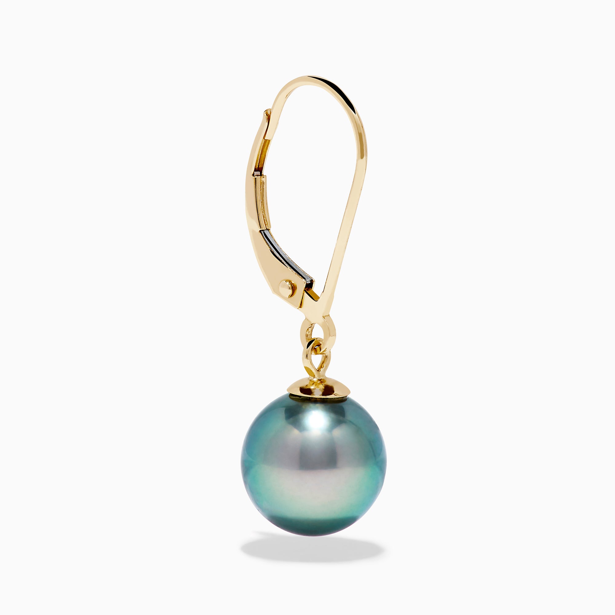 14K Yellow Gold Tahitian Pearls Dangle Earrings with round, iridescent pearls, shown on a white background.