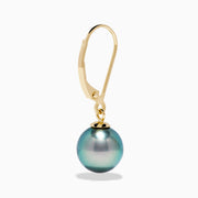 14K Yellow Gold Tahitian Pearls Dangle Earrings with round, iridescent pearls, shown on a white background.