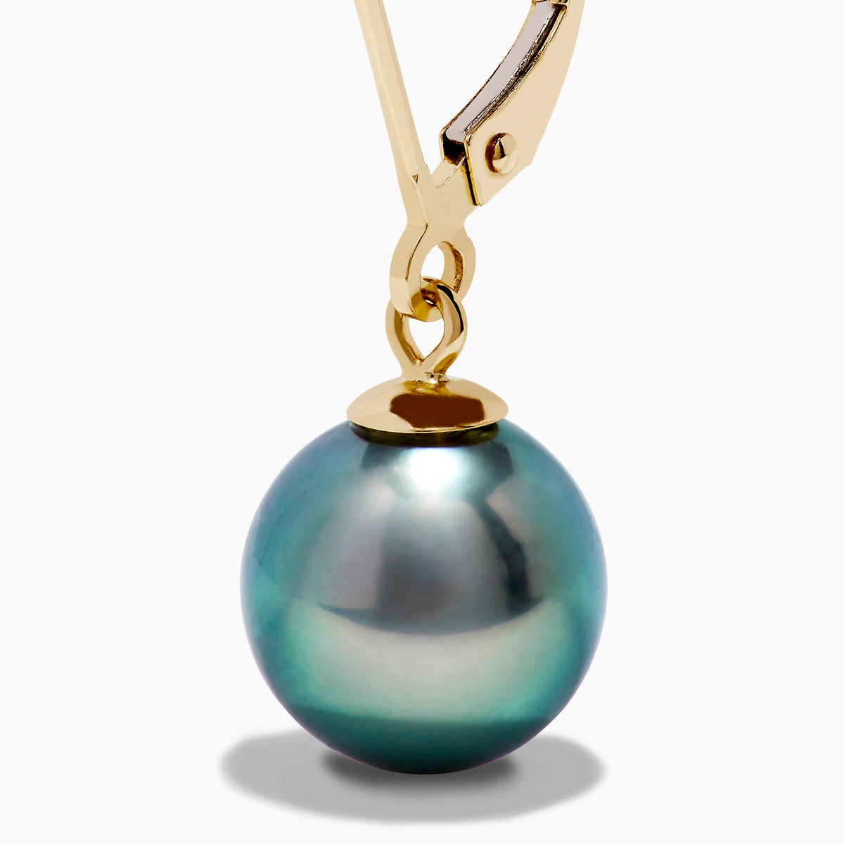 14K Yellow Gold Tahitian Pearls Dangle Earrings with round, iridescent pearls, shown on a white background.
