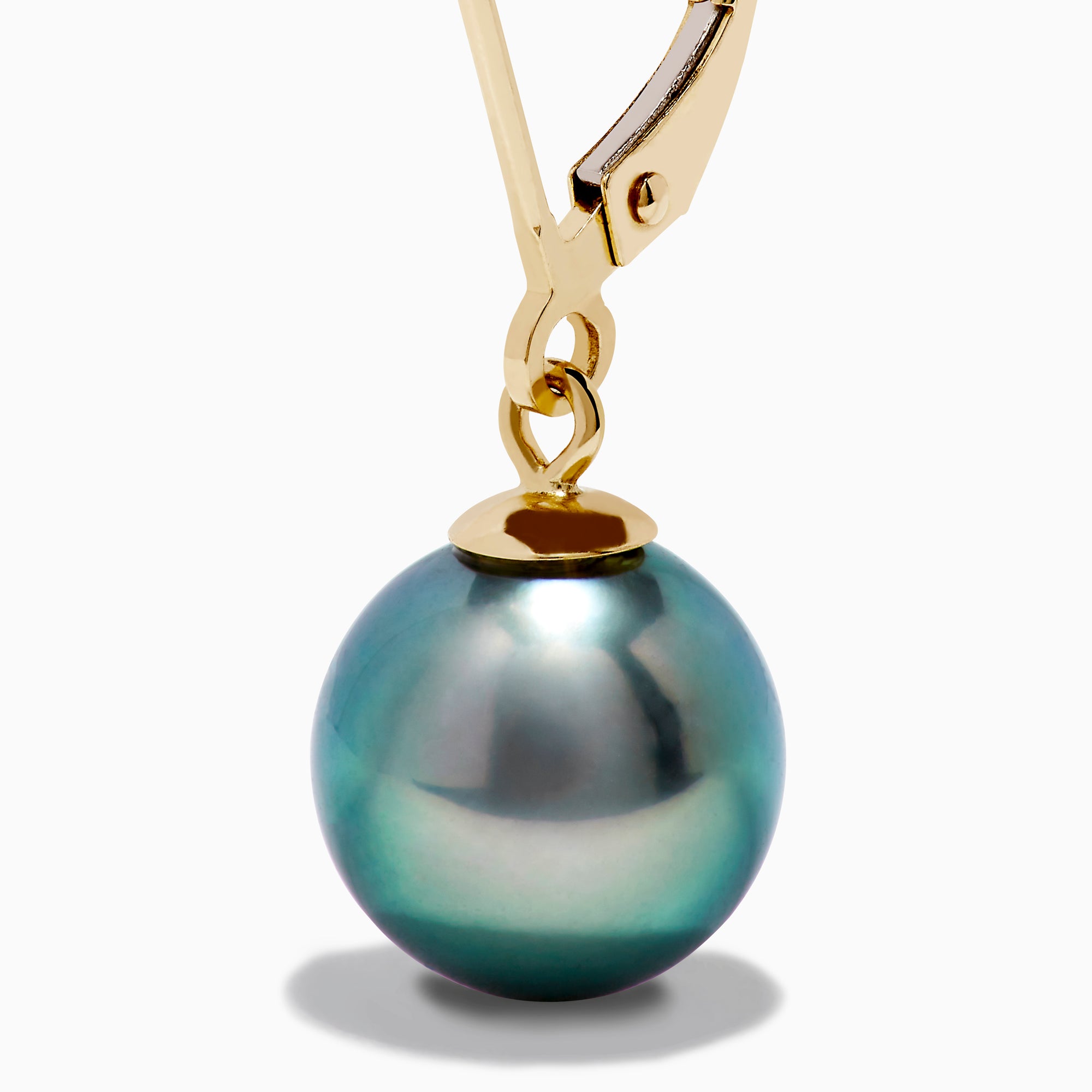 14K Yellow Gold Tahitian Pearls Dangle Earrings with round, iridescent pearls, shown on a white background.
