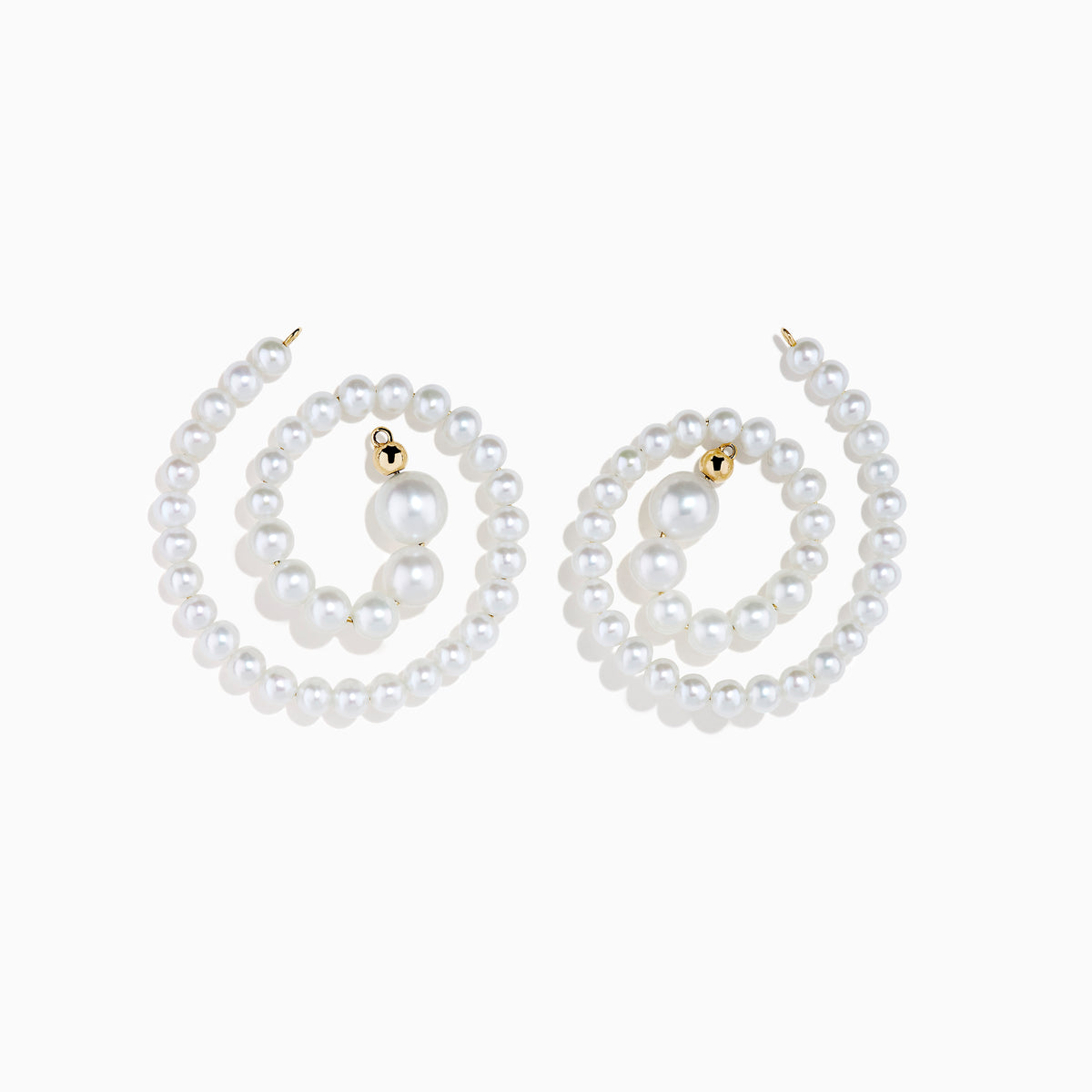 The 14K Yellow Gold Freshwater Pearl Spiral Earrings feature small freshwater pearls and gold accents, displayed on a white background.