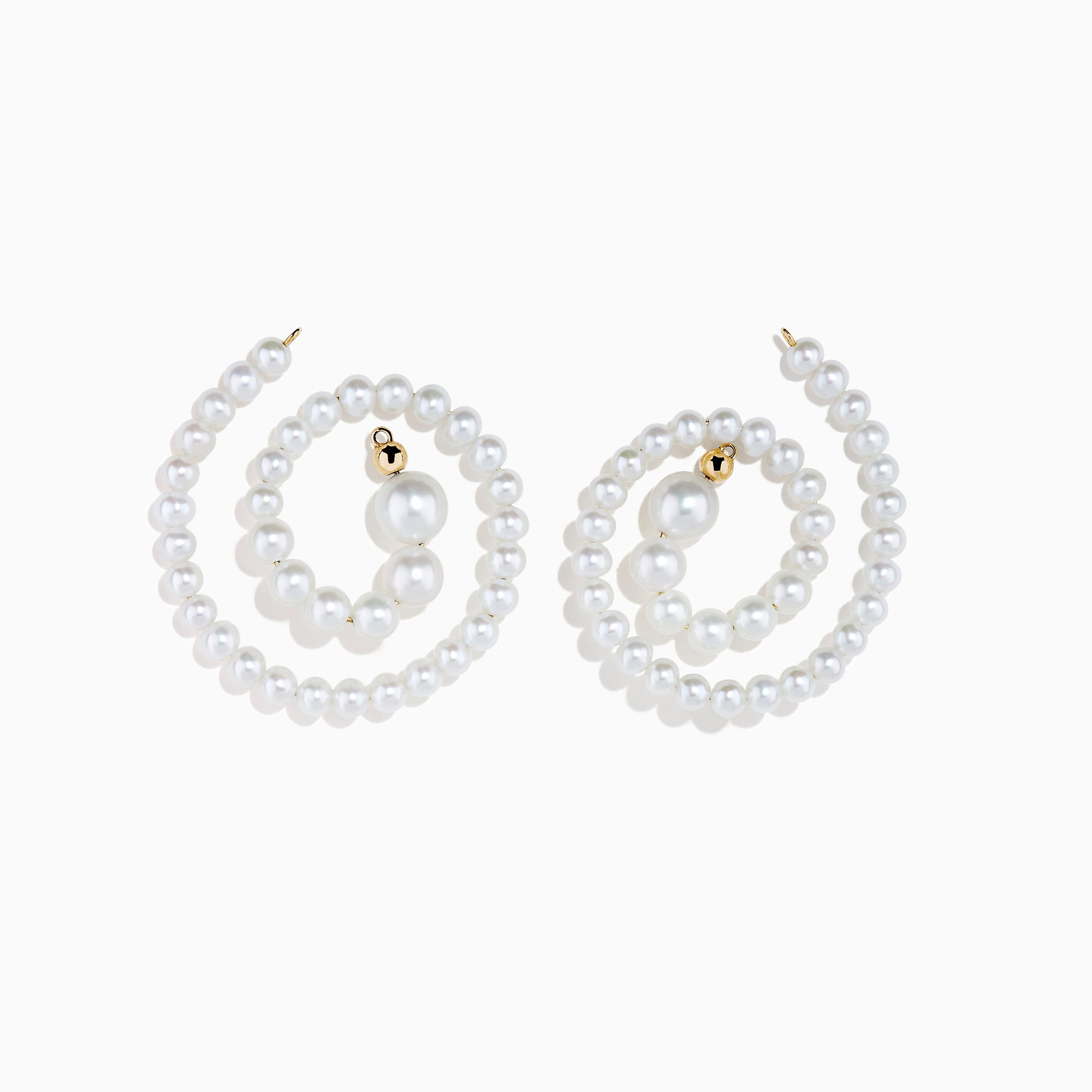 The 14K Yellow Gold Freshwater Pearl Spiral Earrings feature small freshwater pearls and gold accents, displayed on a white background.