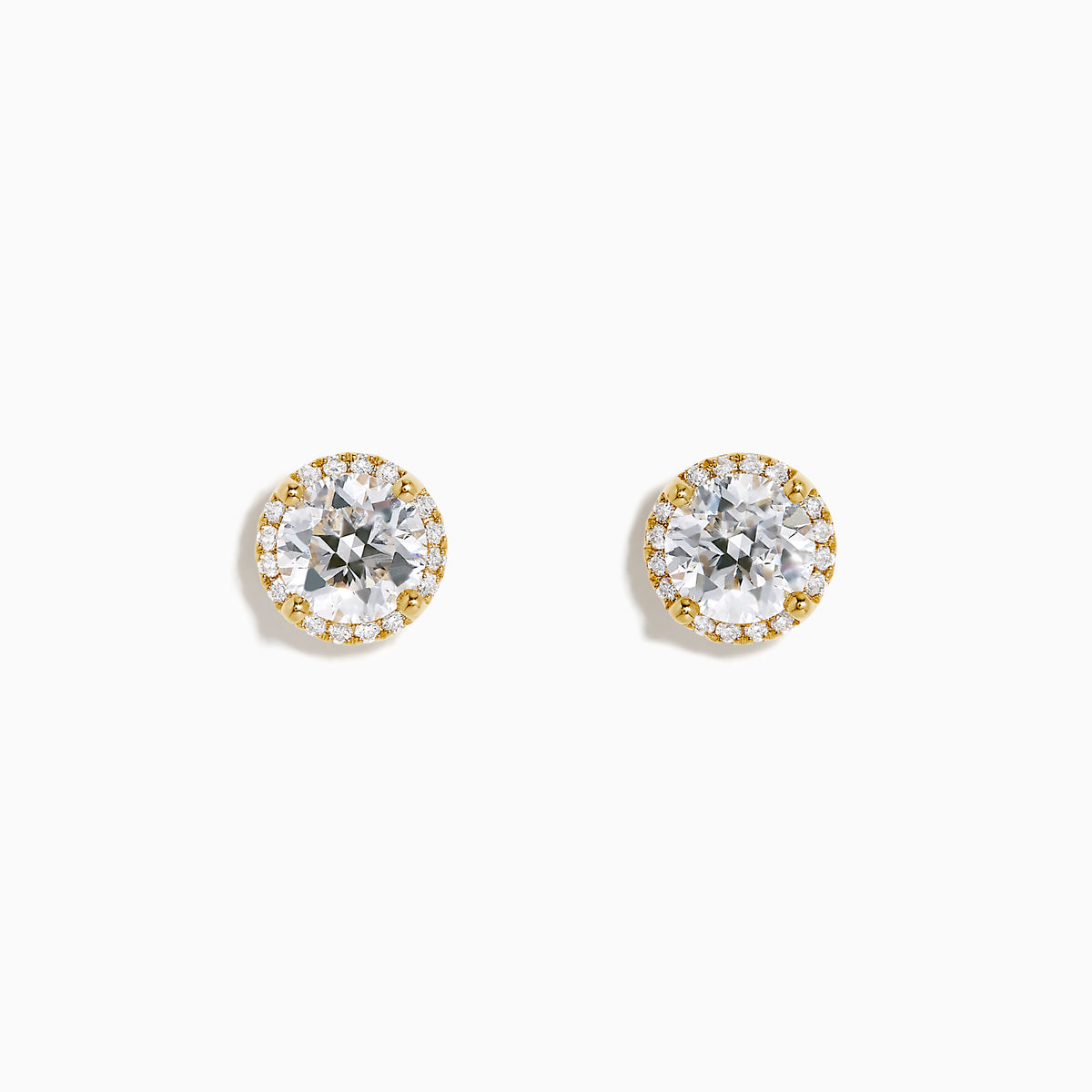 Star Lab Grown Diamond Halo Stud Earrings in 18K Yellow Gold feature round clear gemstones encircled by a halo of small lab diamonds, styled on a white background.