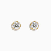 Star Lab Grown Diamond Halo Stud Earrings in 18K Yellow Gold feature round clear gemstones encircled by a halo of small lab diamonds, styled on a white background.
