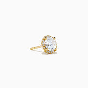Star Lab Grown Diamond Halo Stud Earrings in 18K Yellow Gold feature round clear gemstones encircled by a halo of small lab diamonds, styled on a white background.
