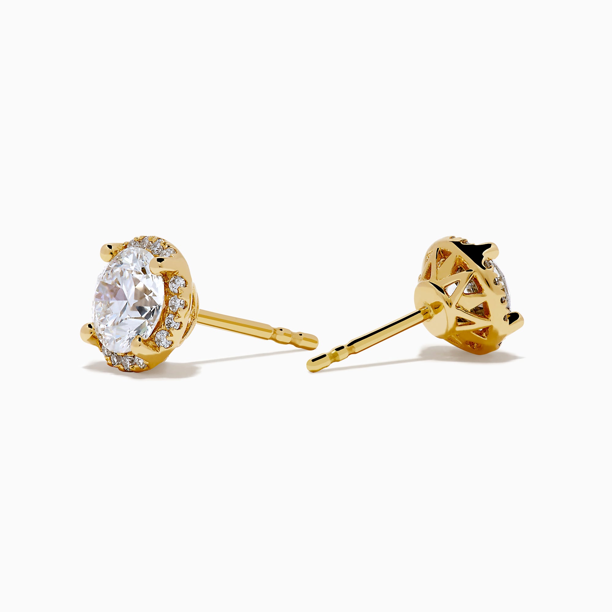 Star Lab Grown Diamond Halo Stud Earrings in 18K Yellow Gold feature round clear gemstones encircled by a halo of small lab diamonds, styled on a white background.