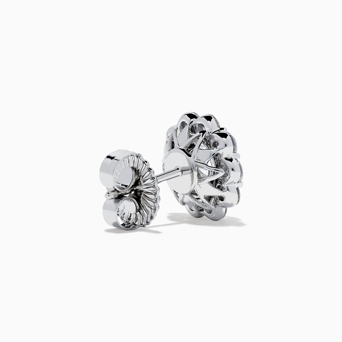 The Star Lab Grown Diamond Fleur Stud Earrings feature a central round diamond with a floral halo of smaller diamonds, beautifully set in 18K white gold for a timeless look.