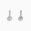 Star Lab Grown Diamond Bezel Solitaire Drop Earrings in 18K White Gold feature a round diamond at the bottom, a marquise-shaped diamond in the middle, and a rectangular diamond at the top, all set against a white background.
