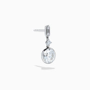 Star Lab Grown Diamond Bezel Solitaire Drop Earrings in 18K White Gold feature a round diamond at the bottom, a marquise-shaped diamond in the middle, and a rectangular diamond at the top, all set against a white background.