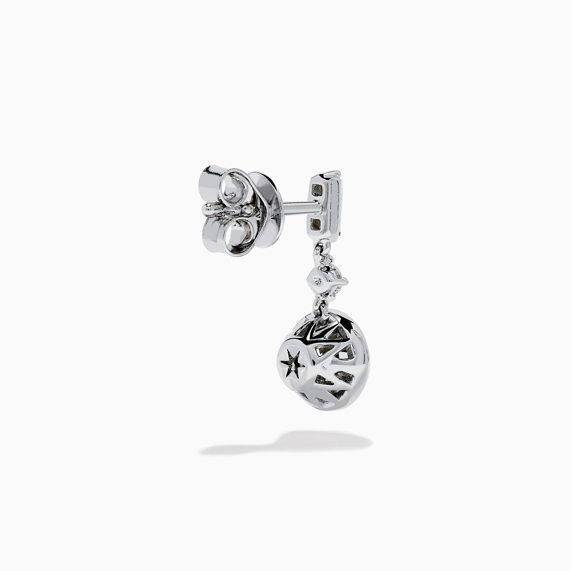 Star Lab Grown Diamond Bezel Solitaire Drop Earrings in 18K White Gold feature a round diamond at the bottom, a marquise-shaped diamond in the middle, and a rectangular diamond at the top, all set against a white background.
