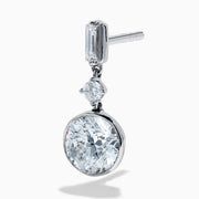 Star Lab Grown Diamond Bezel Solitaire Drop Earrings in 18K White Gold feature a round diamond at the bottom, a marquise-shaped diamond in the middle, and a rectangular diamond at the top, all set against a white background.