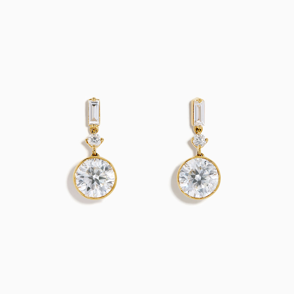 Star Lab Grown Diamond Bezel Solitaire Drop Earrings in 18K yellow gold feature large round center stones, a smaller round stone above each, and a rectangular top stone, all set against a plain white background.