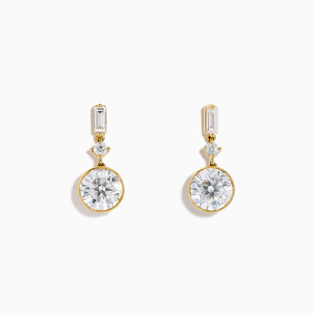 Star Lab Grown Diamond Bezel Solitaire Drop Earrings in 18K yellow gold feature large round center stones, a smaller round stone above each, and a rectangular top stone, all set against a plain white background.