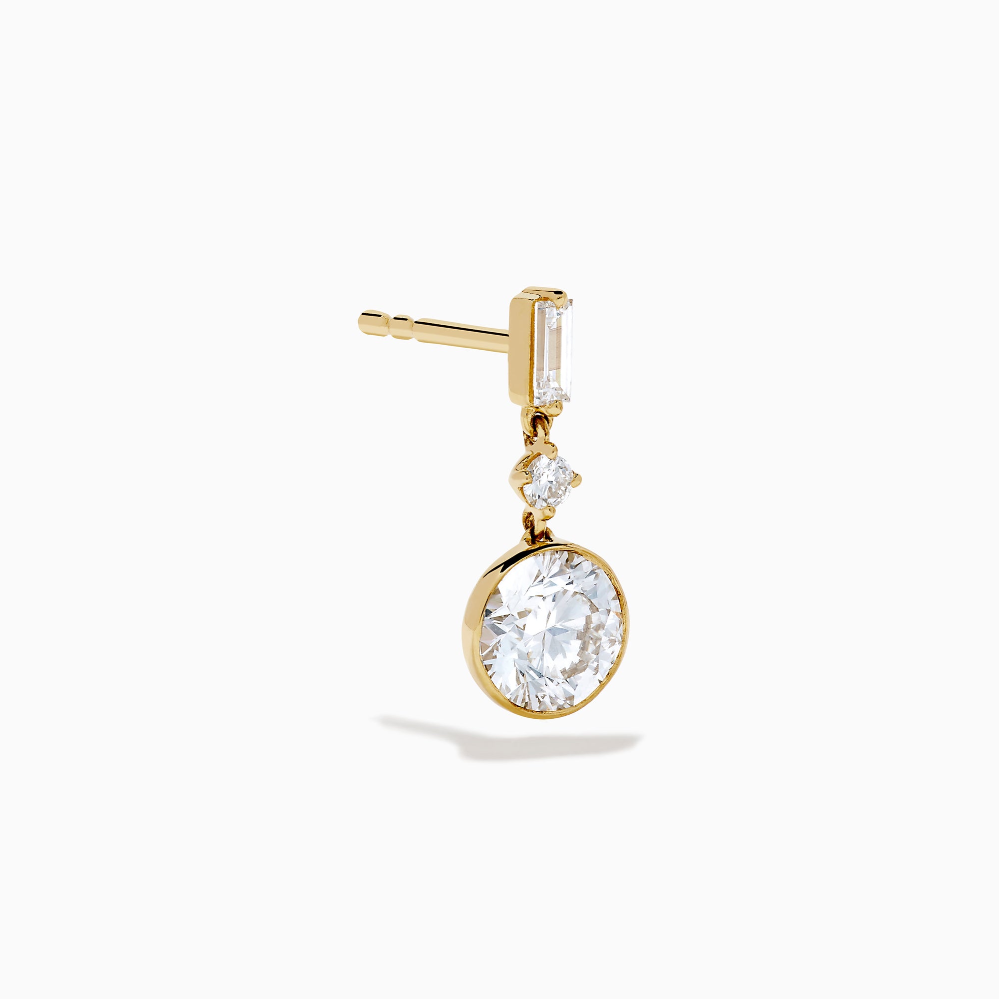 Star Lab Grown Diamond Bezel Solitaire Drop Earrings in 18K yellow gold feature large round center stones, a smaller round stone above each, and a rectangular top stone, all set against a plain white background.