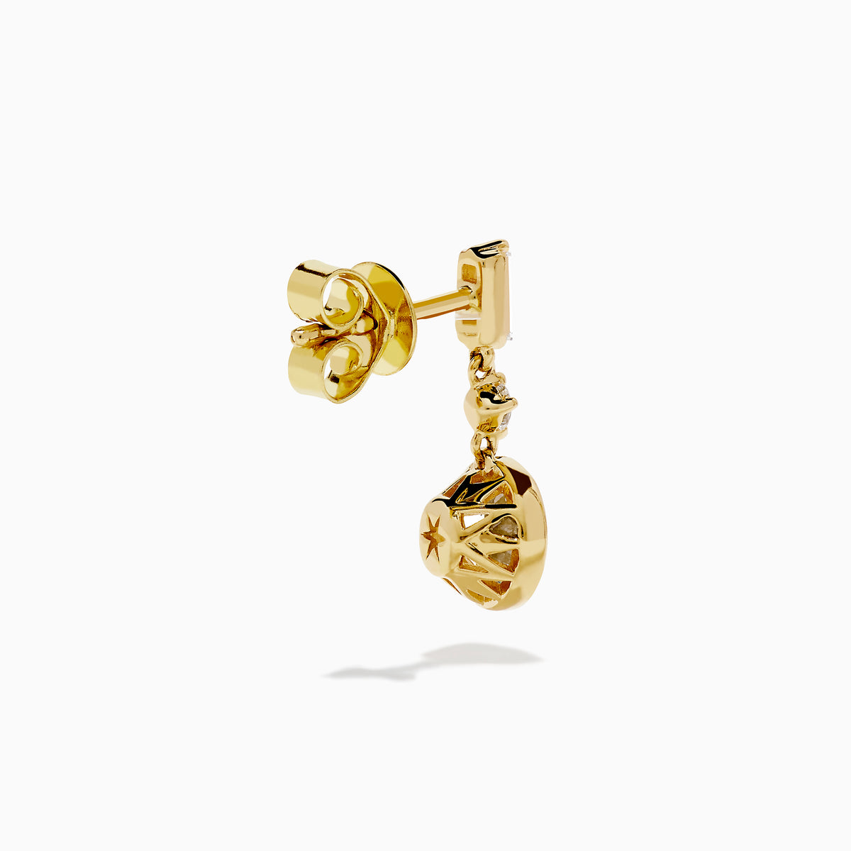 Star Lab Grown Diamond Bezel Solitaire Drop Earrings in 18K yellow gold feature large round center stones, a smaller round stone above each, and a rectangular top stone, all set against a plain white background.