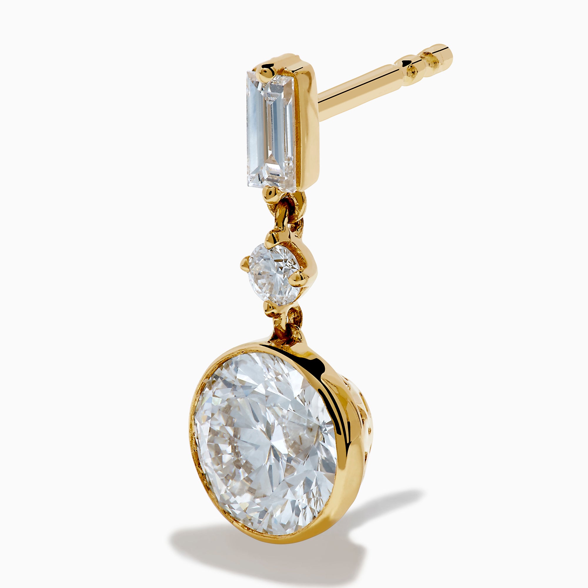 Star Lab Grown Diamond Bezel Solitaire Drop Earrings in 18K yellow gold feature large round center stones, a smaller round stone above each, and a rectangular top stone, all set against a plain white background.