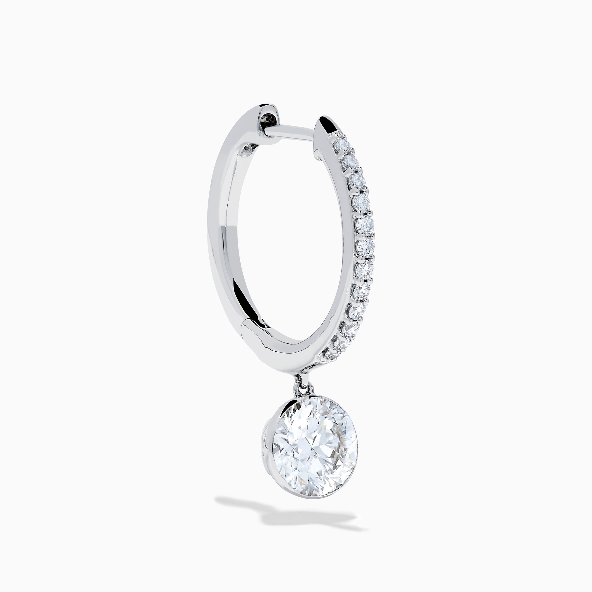 Star Lab Grown Diamond Pave Hoop Solitaire Earrings in 18K White Gold, featuring pavé-set diamonds along the hoop and a large round solitaire gem at the end, displayed on a white background.
