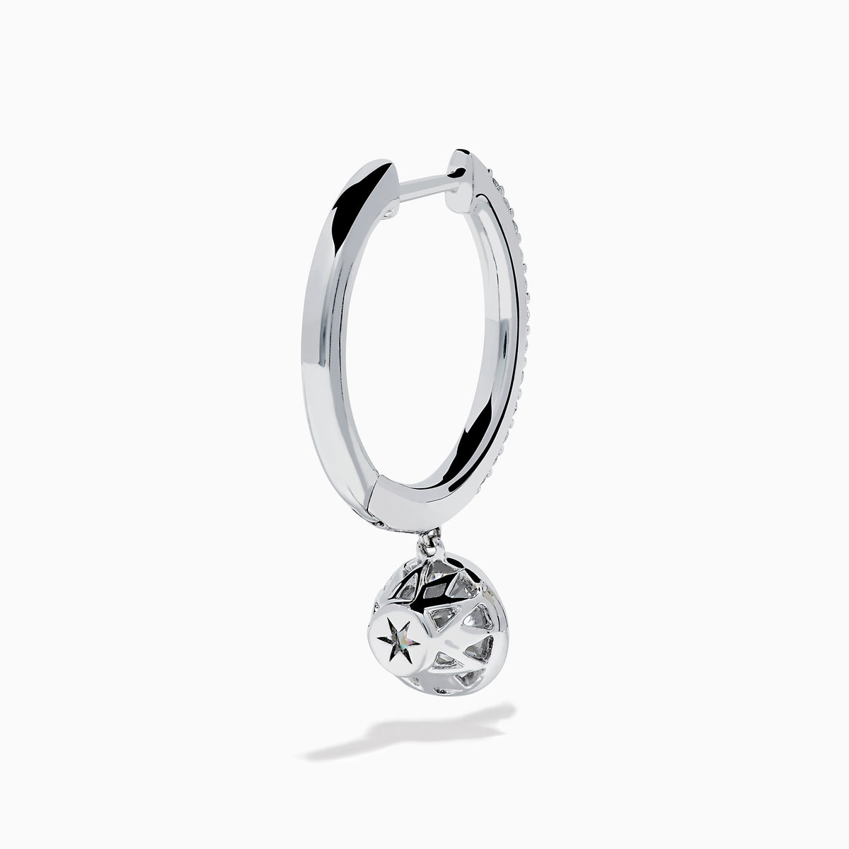 Star Lab Grown Diamond Pave Hoop Solitaire Earrings in 18K White Gold, featuring pavé-set diamonds along the hoop and a large round solitaire gem at the end, displayed on a white background.