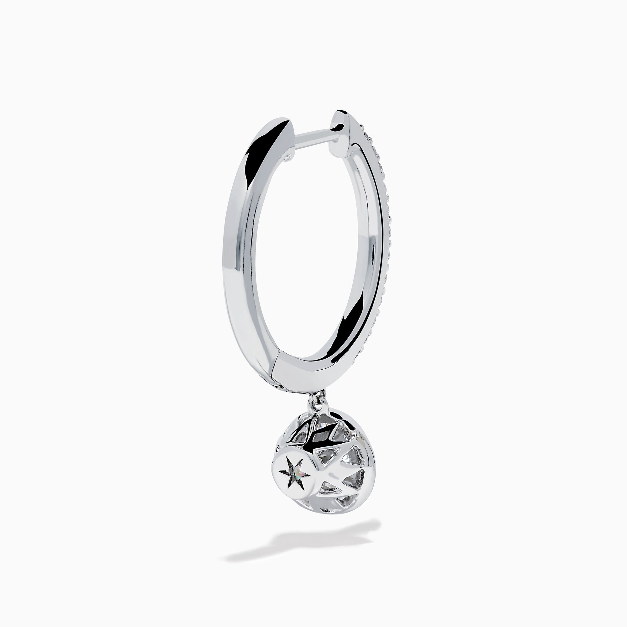 Star Lab Grown Diamond Pave Hoop Solitaire Earrings in 18K White Gold, featuring pavé-set diamonds along the hoop and a large round solitaire gem at the end, displayed on a white background.