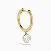 Star Lab Grown Diamond Pave Hoop Solitaire Drop Earrings in 18K Yellow Gold feature a row of small round lab grown diamonds on each hoop and a larger solitaire diamond drop, shown against a white background.