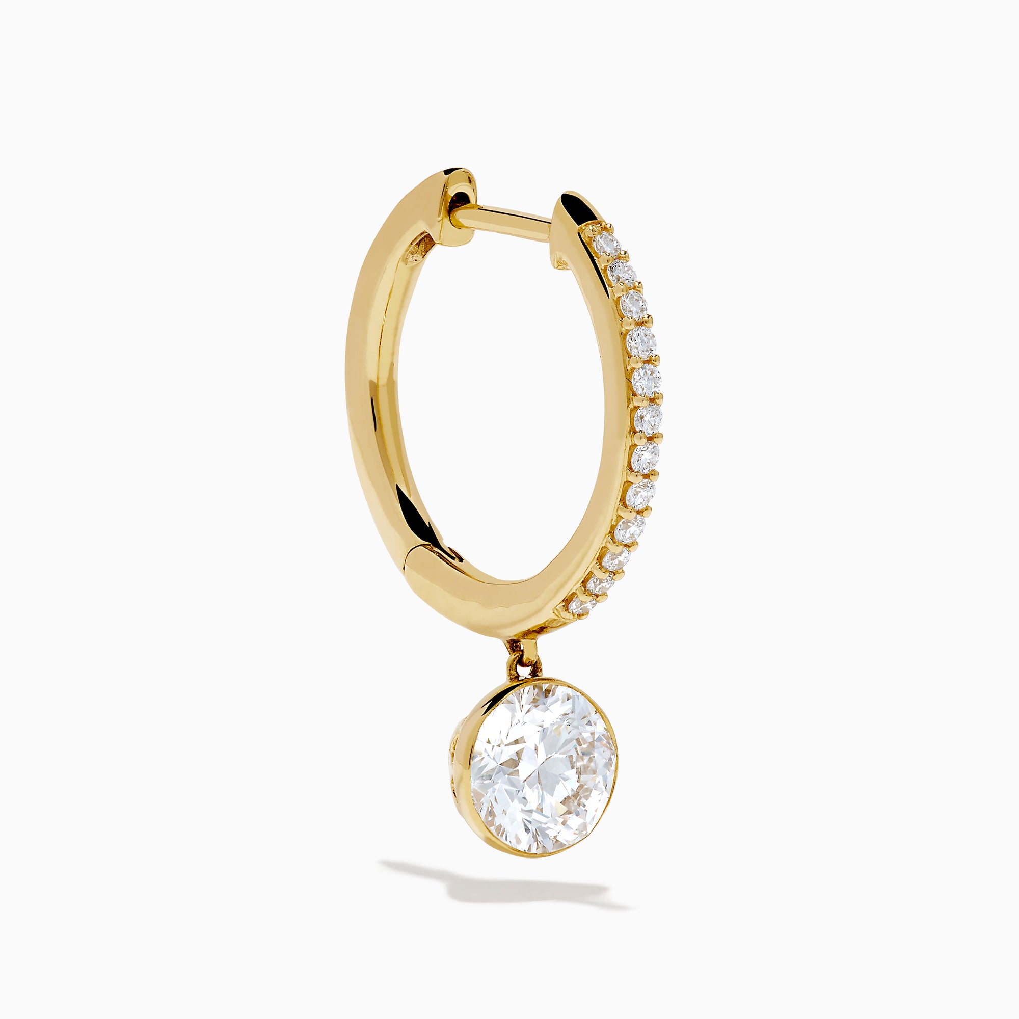 Star Lab Grown Diamond Pave Hoop Solitaire Drop Earrings in 18K Yellow Gold feature a row of small round lab grown diamonds on each hoop and a larger solitaire diamond drop, shown against a white background.