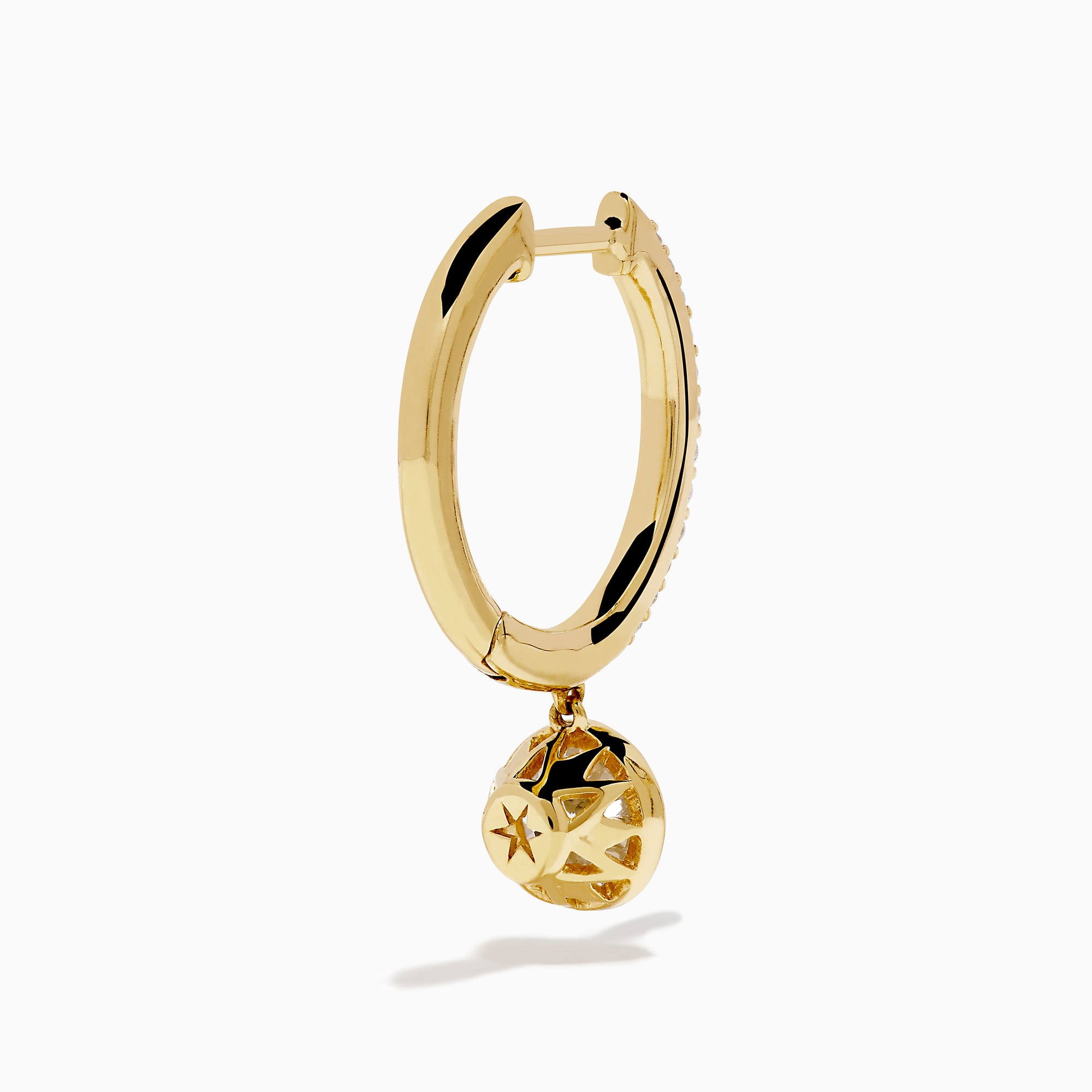 Star Lab Grown Diamond Pave Hoop Solitaire Drop Earrings in 18K Yellow Gold feature a row of small round lab grown diamonds on each hoop and a larger solitaire diamond drop, shown against a white background.
