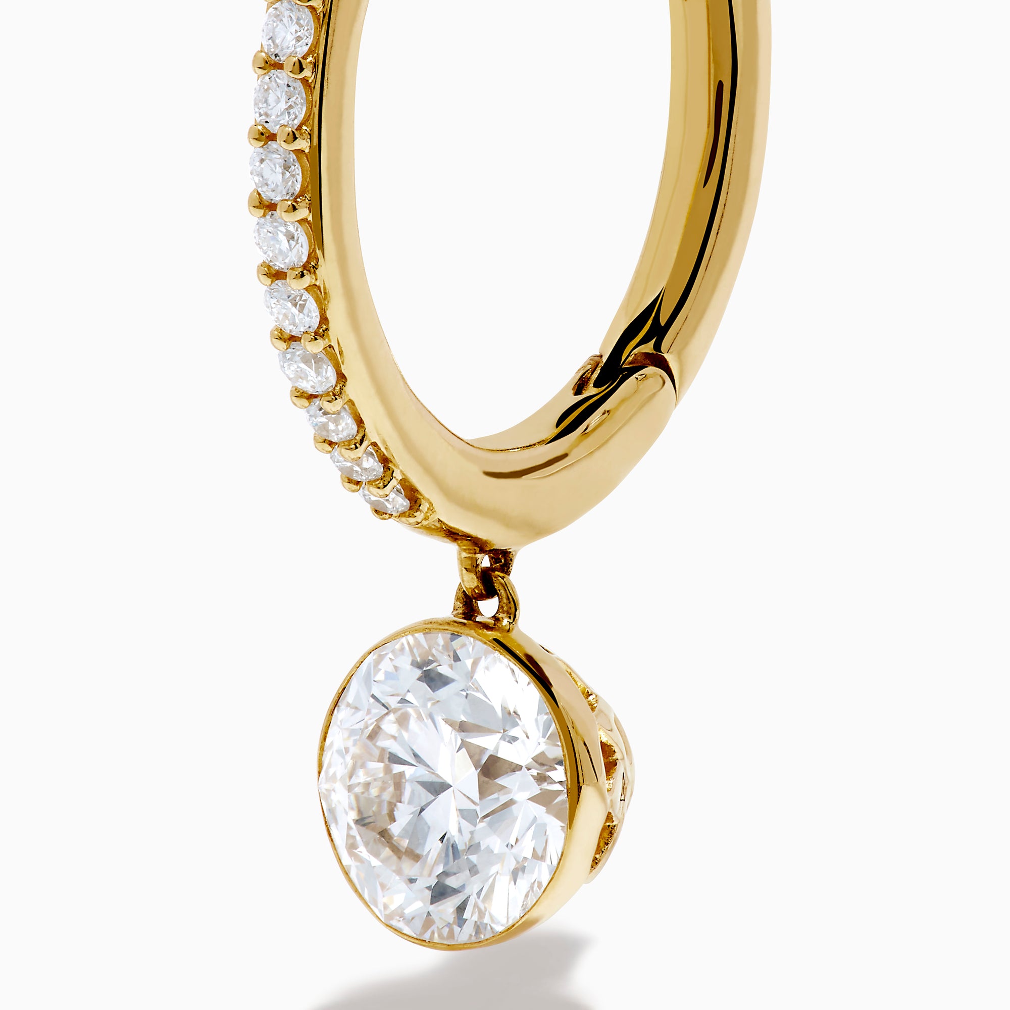 Star Lab Grown Diamond Pave Hoop Solitaire Drop Earrings in 18K Yellow Gold feature a row of small round lab grown diamonds on each hoop and a larger solitaire diamond drop, shown against a white background.