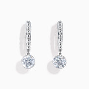 The Star Lab Grown Diamond Beaded Hoop Solitaire Drop Earrings in 18K White Gold feature a round lab-grown diamond dangling from each hoop, photographed on a white background.