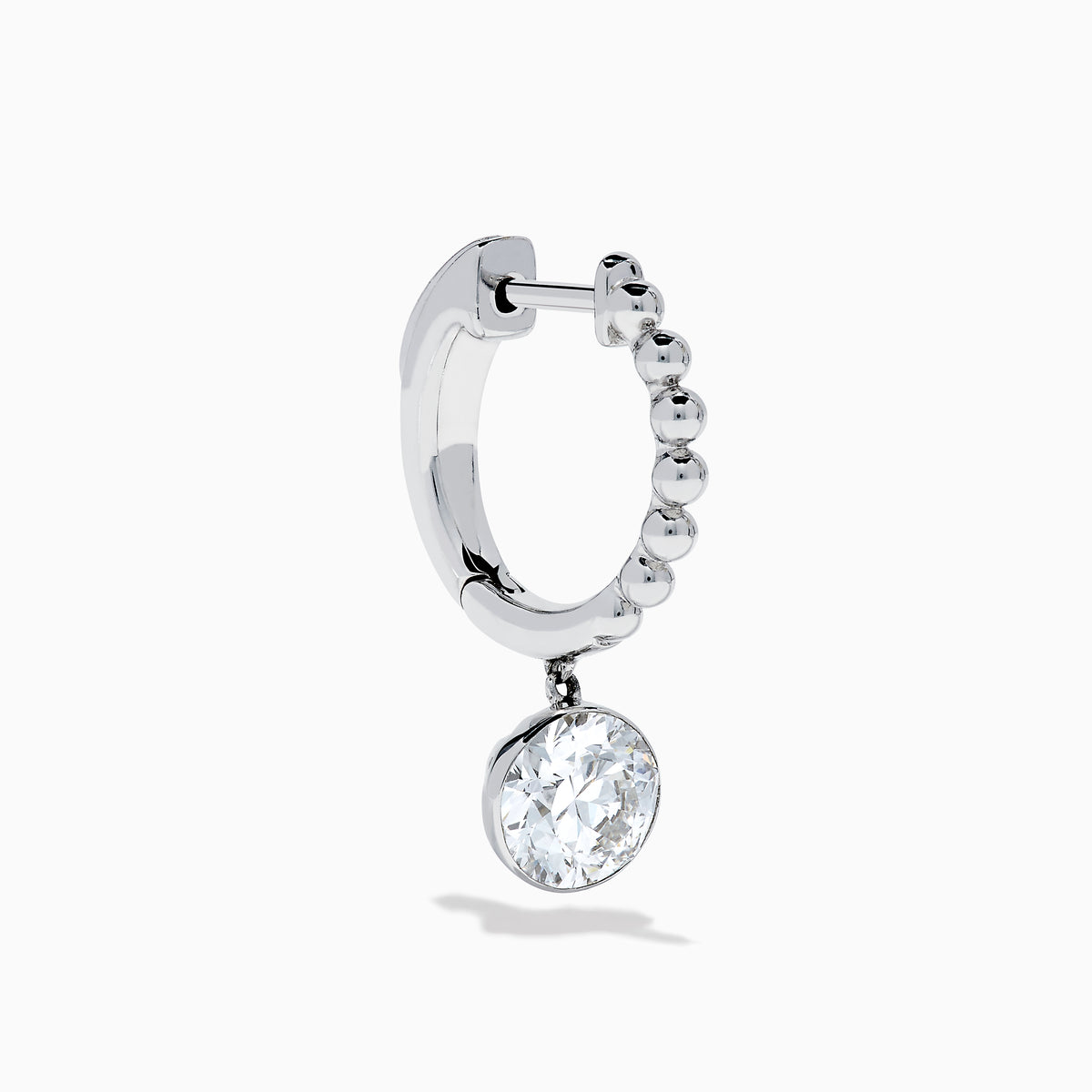 The Star Lab Grown Diamond Beaded Hoop Solitaire Drop Earrings in 18K White Gold feature a round lab-grown diamond dangling from each hoop, photographed on a white background.
