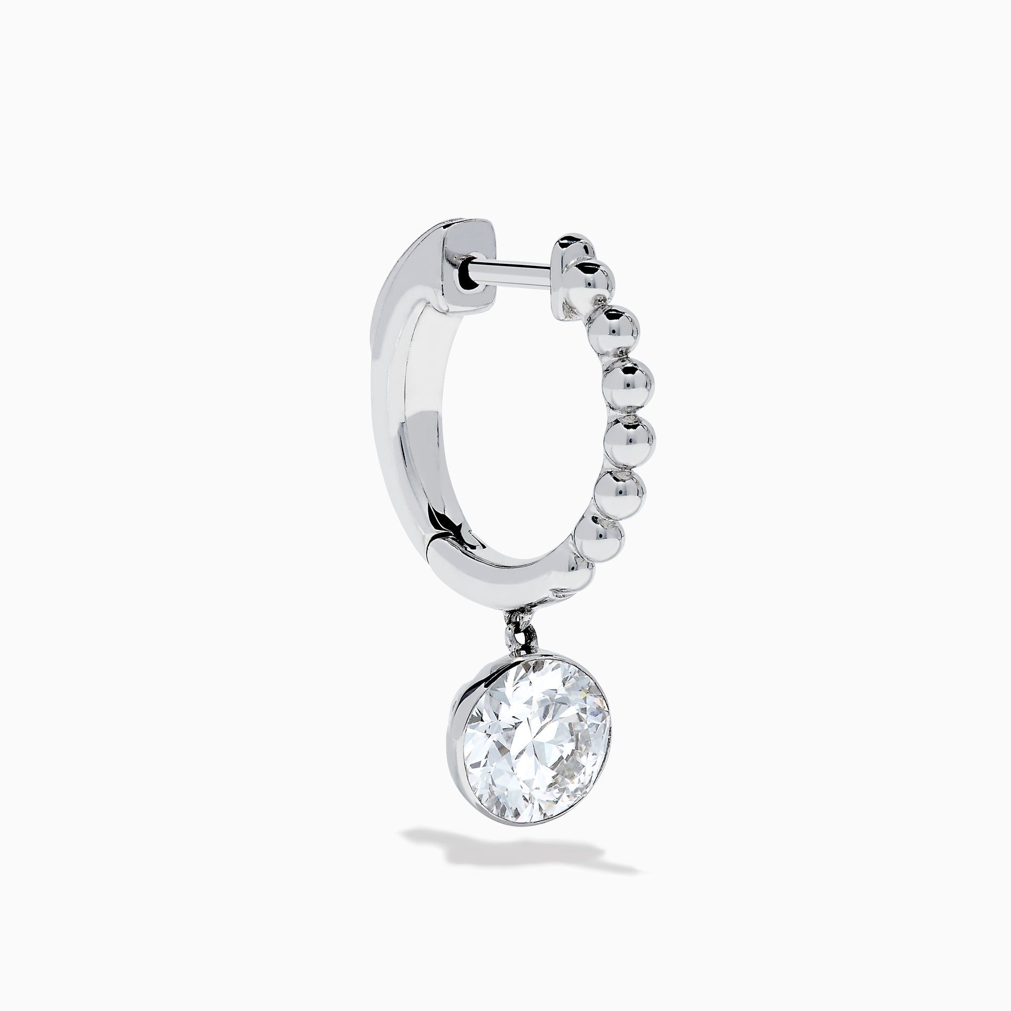 The Star Lab Grown Diamond Beaded Hoop Solitaire Drop Earrings in 18K White Gold feature a round lab-grown diamond dangling from each hoop, photographed on a white background.