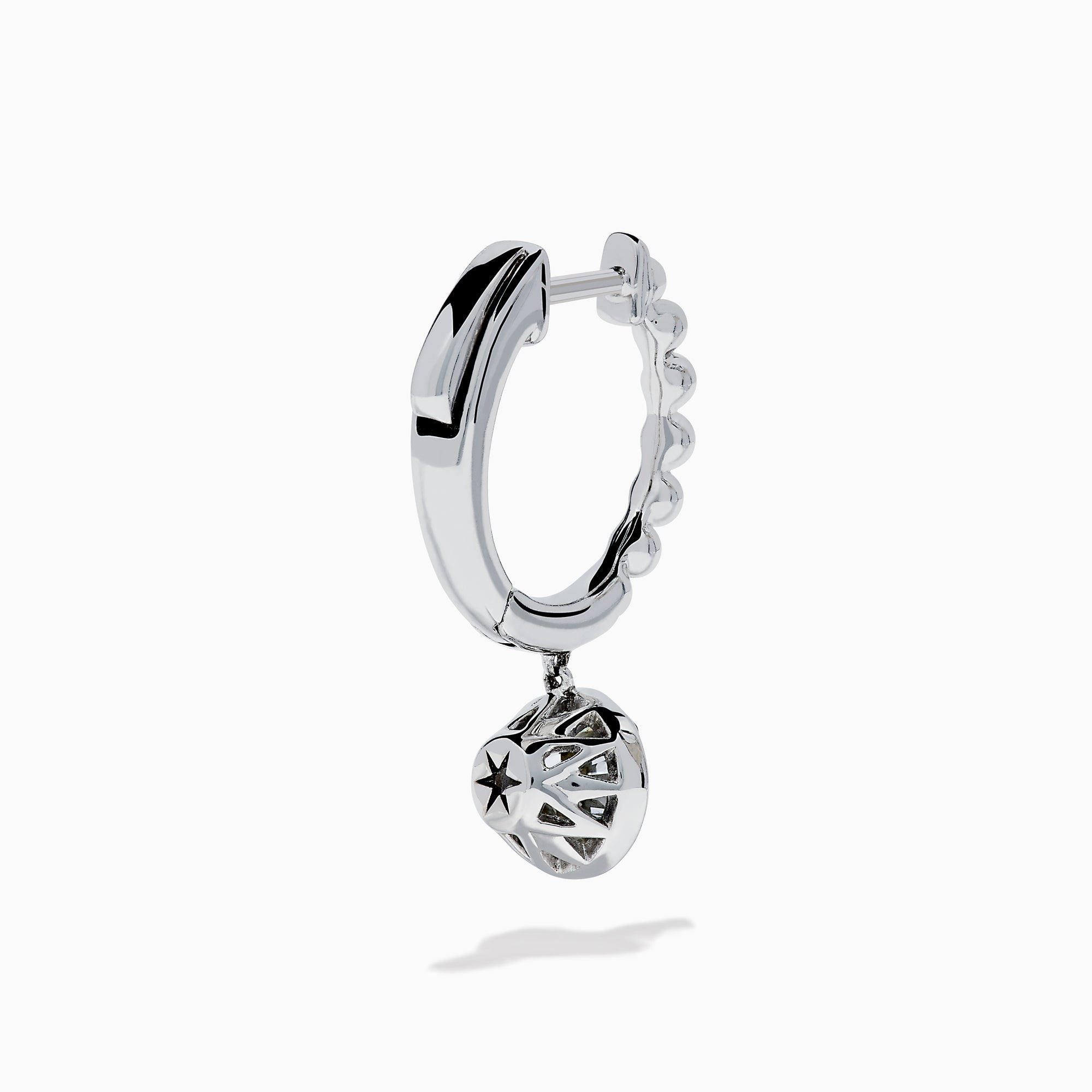 The Star Lab Grown Diamond Beaded Hoop Solitaire Drop Earrings in 18K White Gold feature a round lab-grown diamond dangling from each hoop, photographed on a white background.