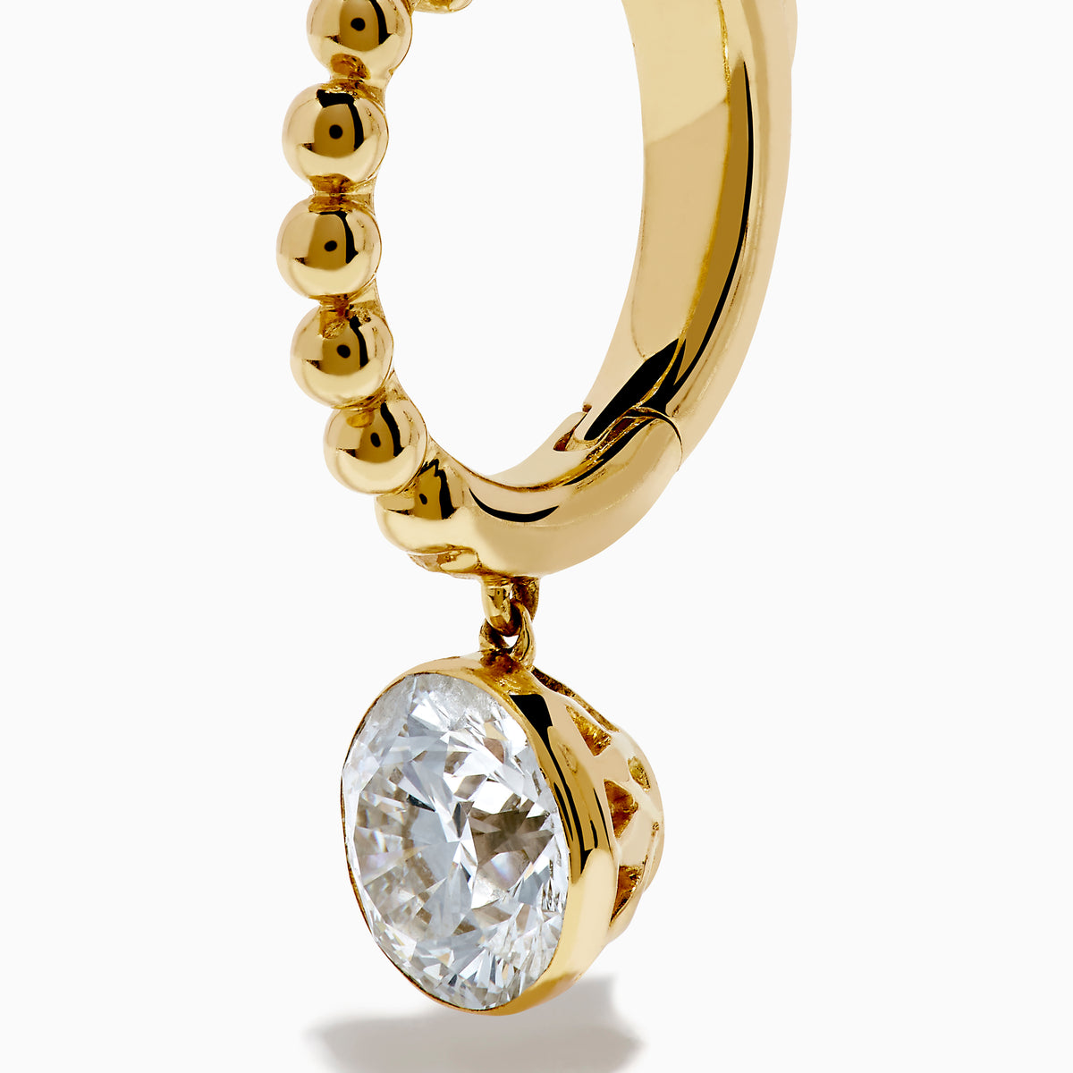 Star Lab Grown Diamond Beaded Hoop Solitaire Drop Earrings in 18K Yellow Gold, each featuring a solitaire diamond drop and beaded texture, beautifully displayed on a white background—perfect as timeless statement earrings.